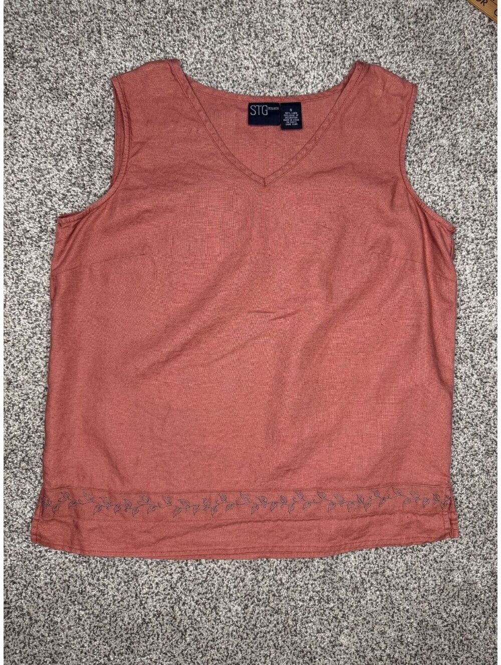 STG Sleeveless 100% Linen Top in Dusty Pink with Embroidered Hem, Size Small